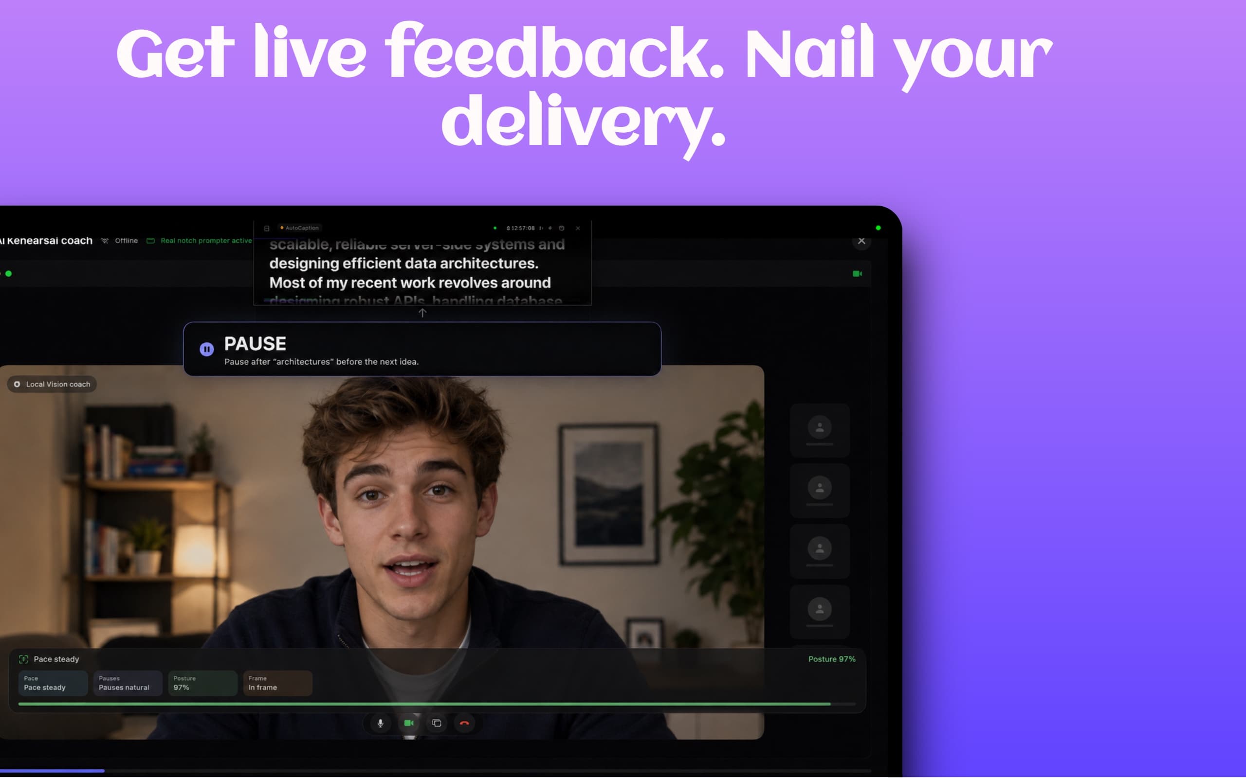 CueNotch AI Rehearsal Coach giving live feedback on pace, pauses, posture, and framing
