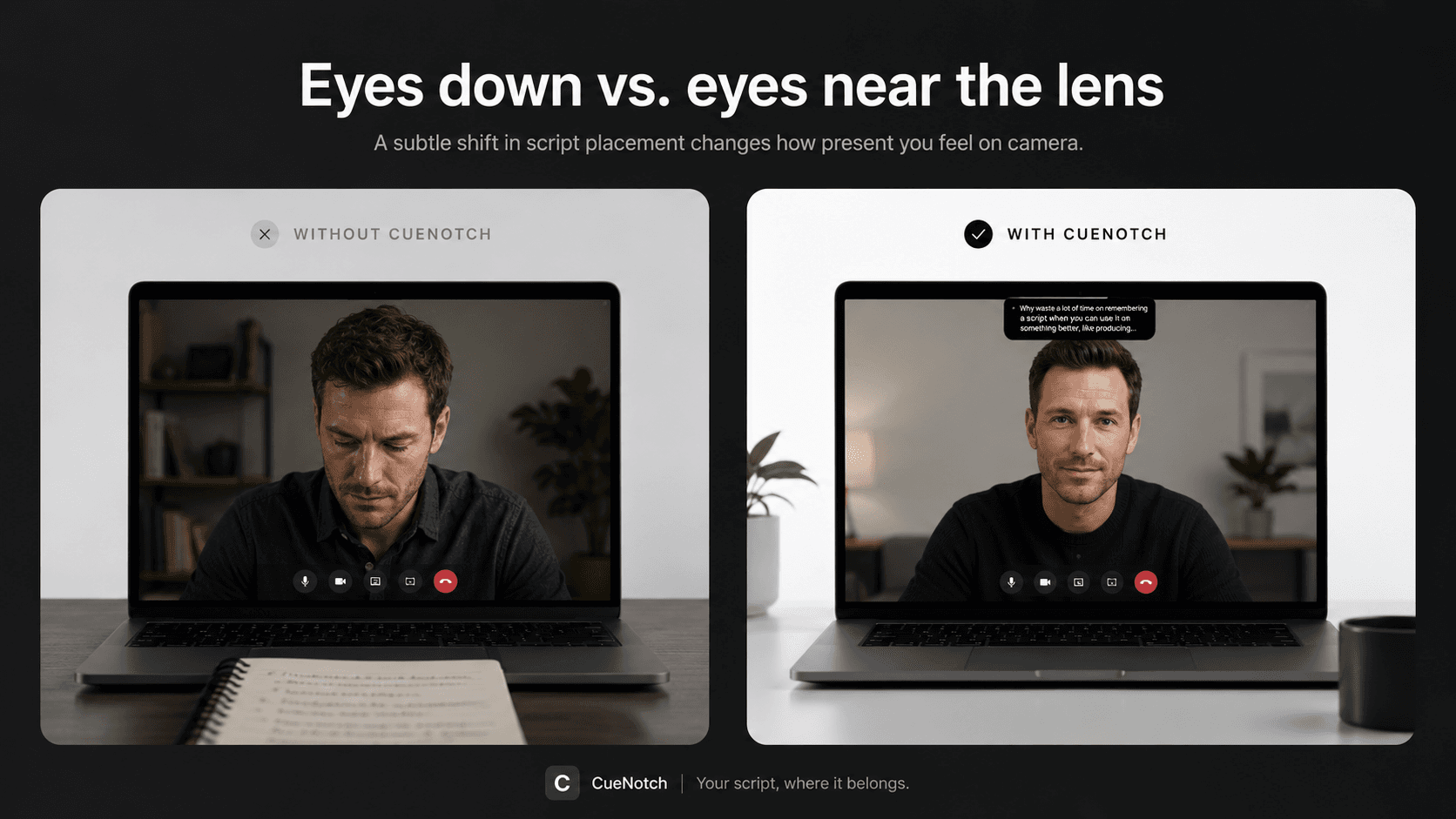 Side-by-side comparison of reading notes below the camera versus reading beside the lens on a video call
