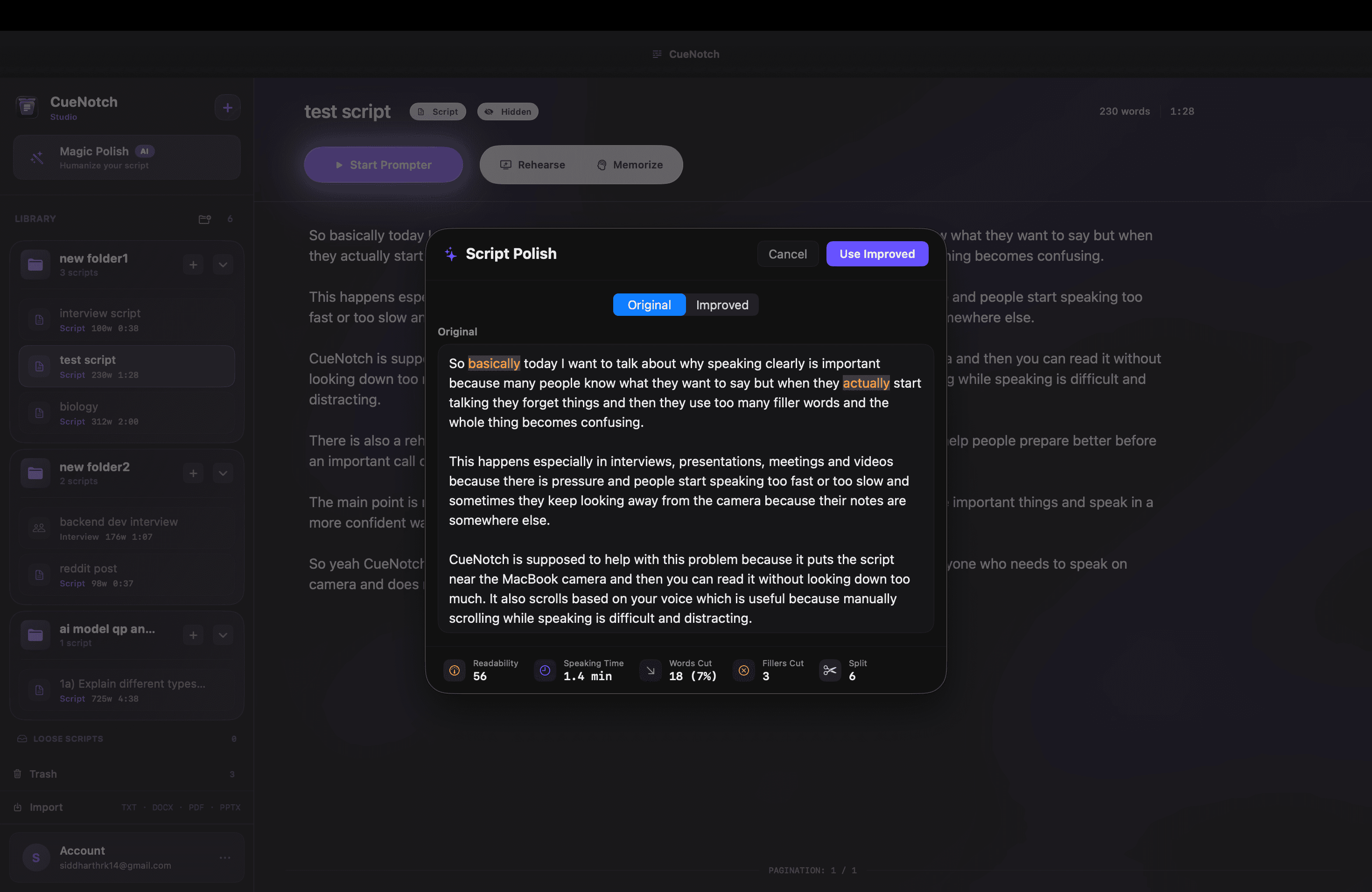 CueNotch's Script Polish comparing an original script with an improved version, with readability, speaking time, and filler-word metrics