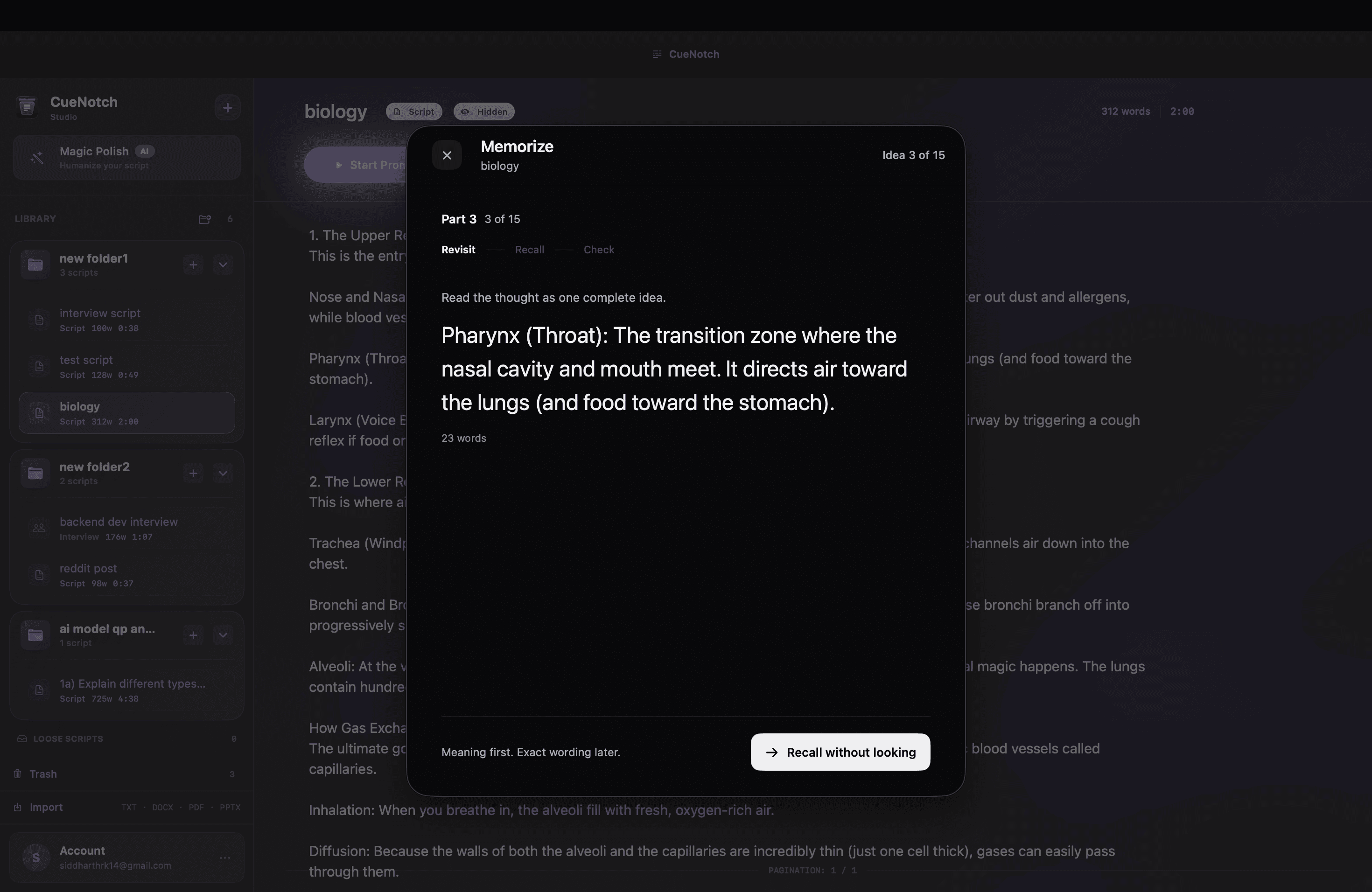 CueNotch's Memorize mode presenting one idea at a time with revisit, recall, and check steps