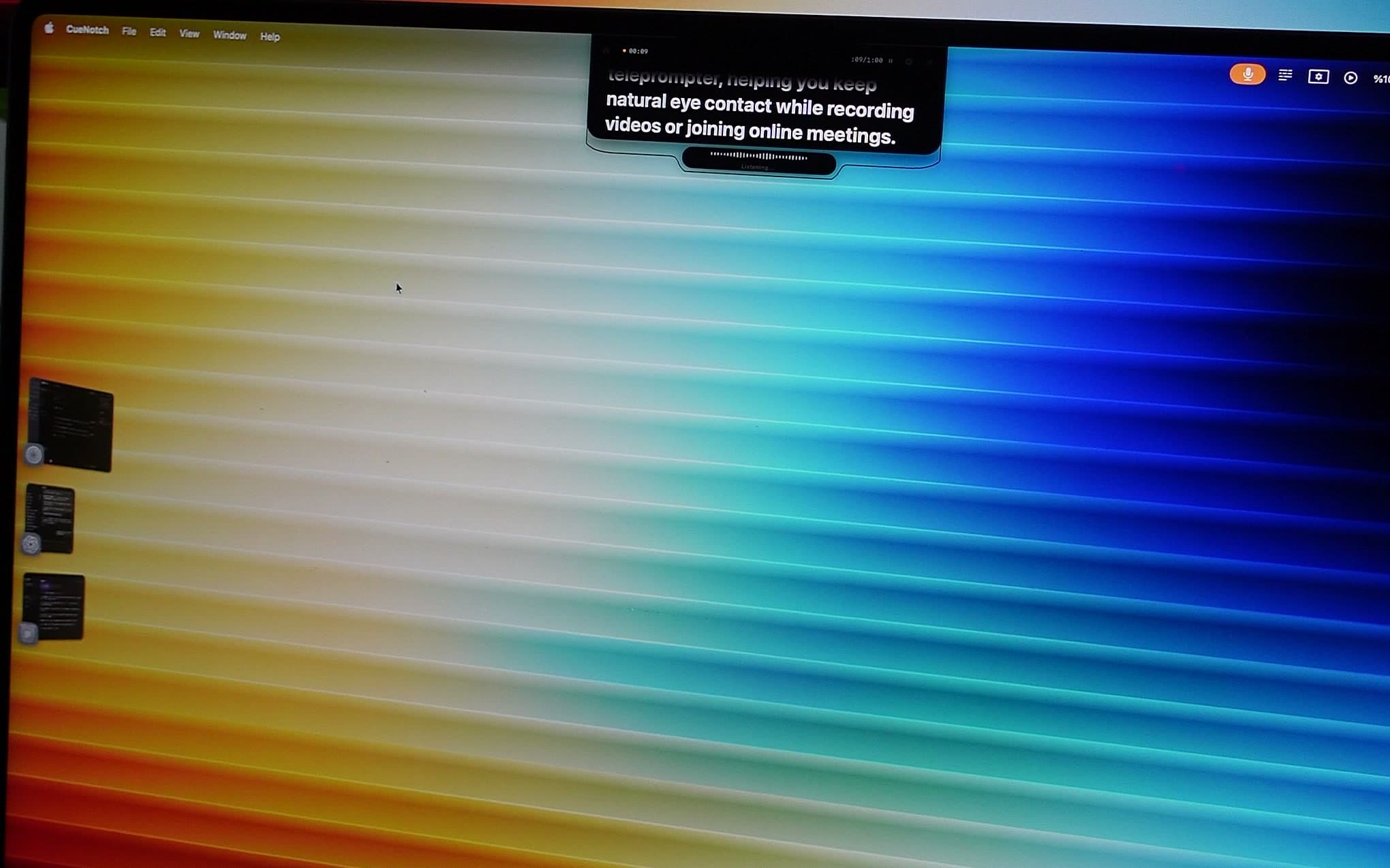 CueNotch scrolling a YouTube script inside the MacBook notch, beside the webcam, during a recording