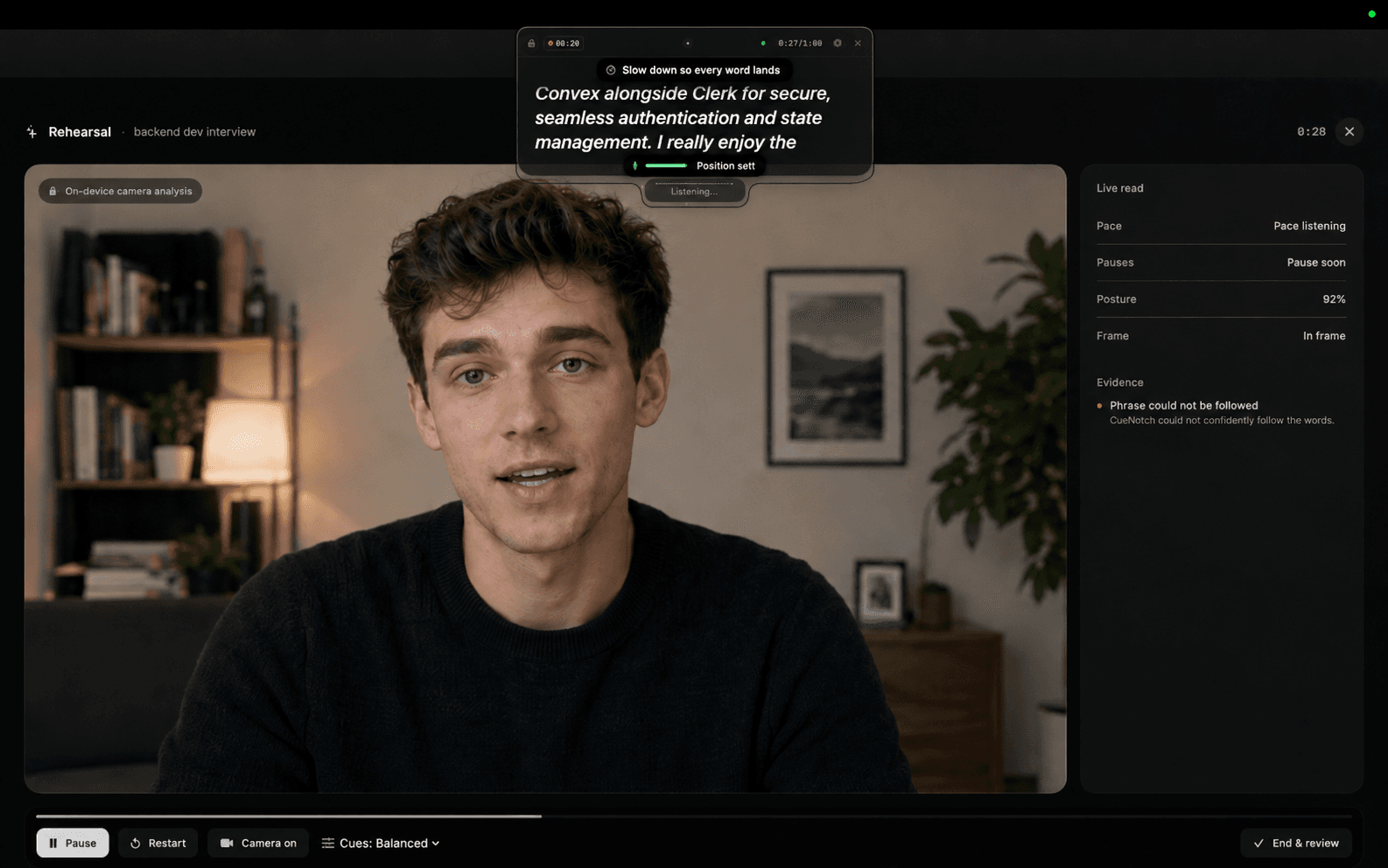 CueNotch's Rehearsal mode reading pace, pauses, posture, and framing live from the camera while the script scrolls in the notch