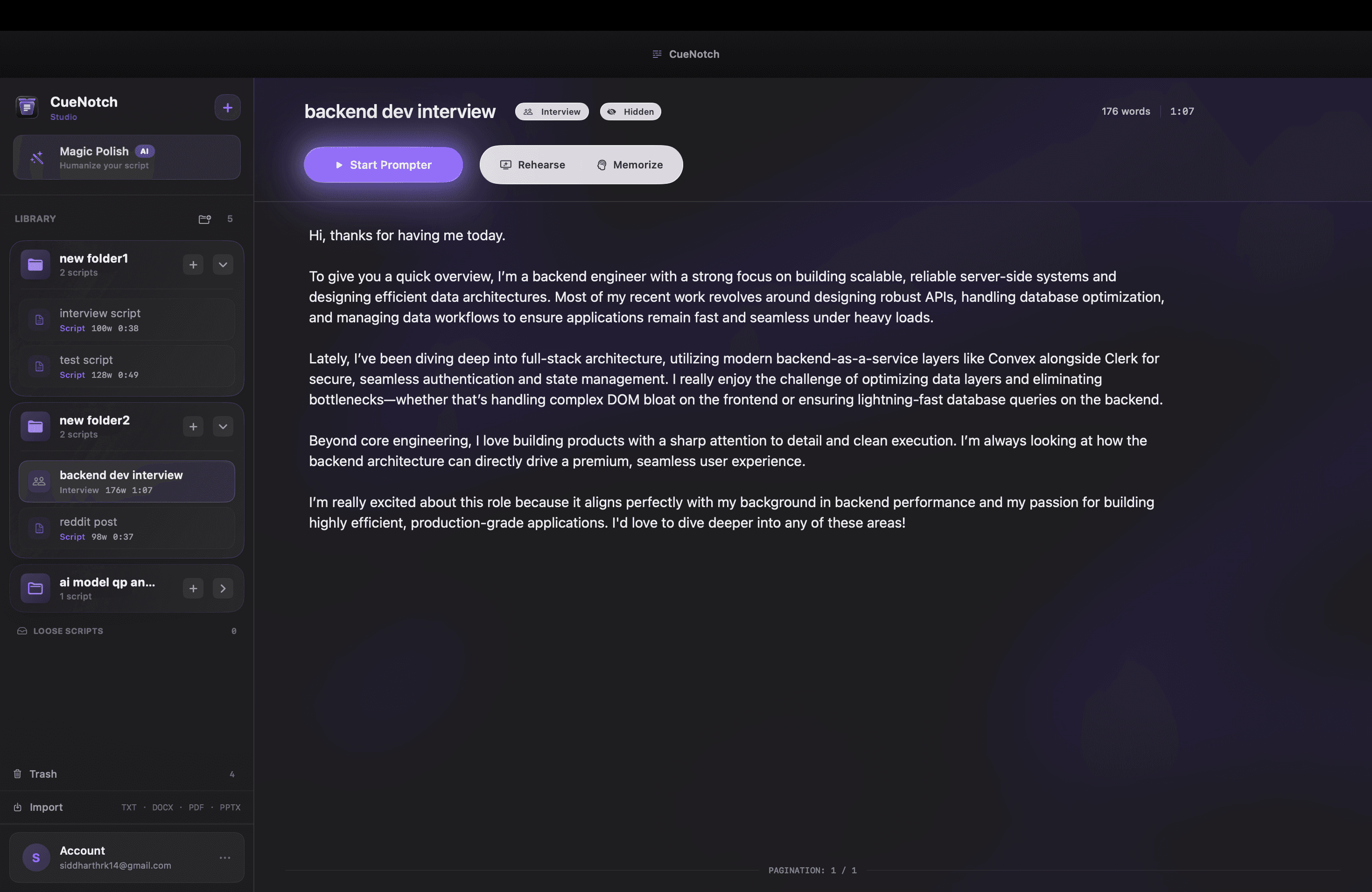 CueNotch on macOS with the script library in the sidebar and a script open, showing Start Prompter, Rehearse, and Memorize