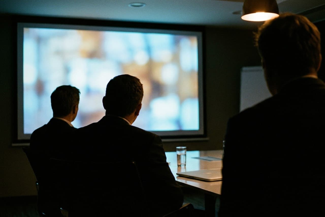 A darkened meeting room seen from the back, colleagues in silhouette watching a shared presentation on a wall display