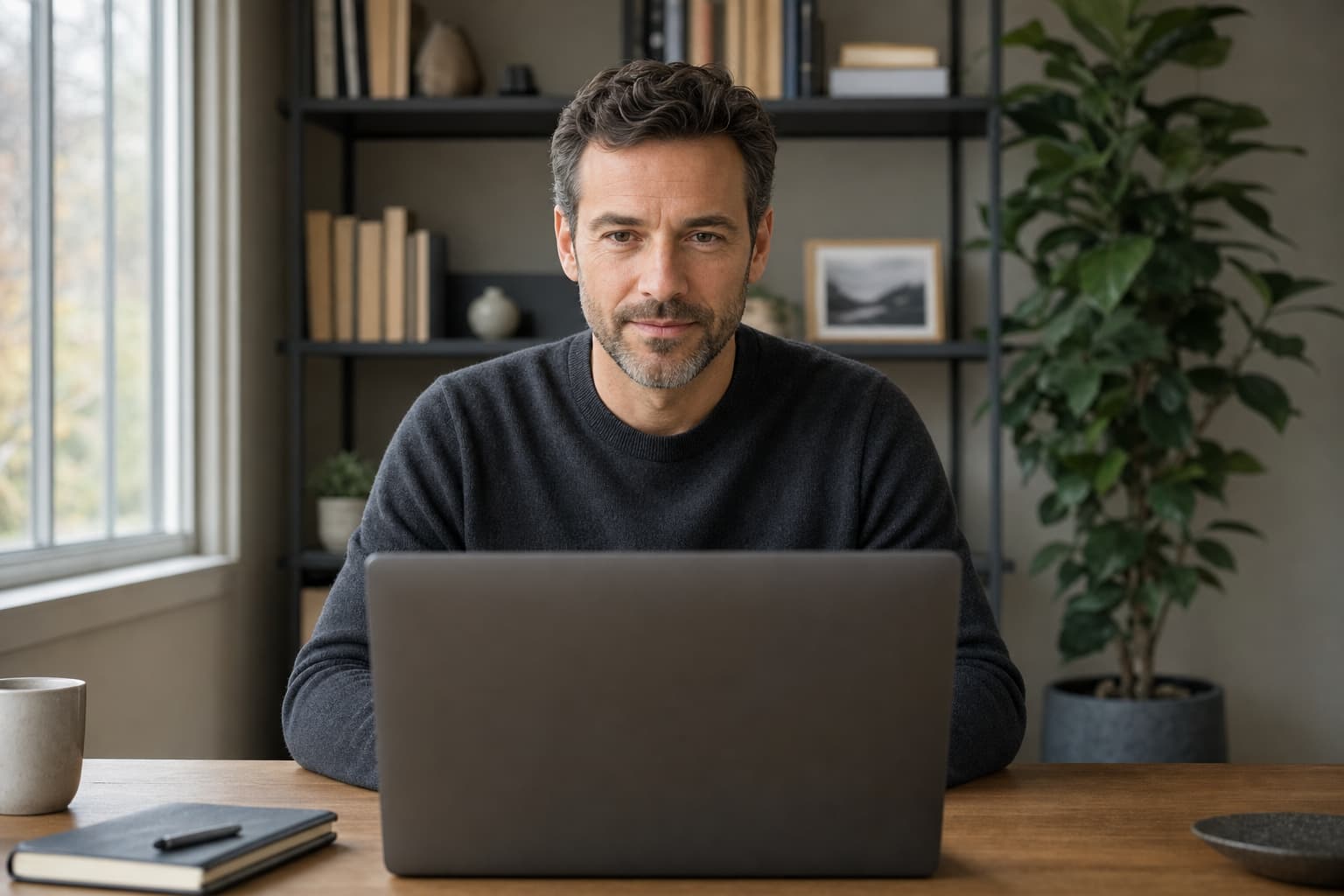 A man on a work video call at a laptop in a home office with bookshelves.