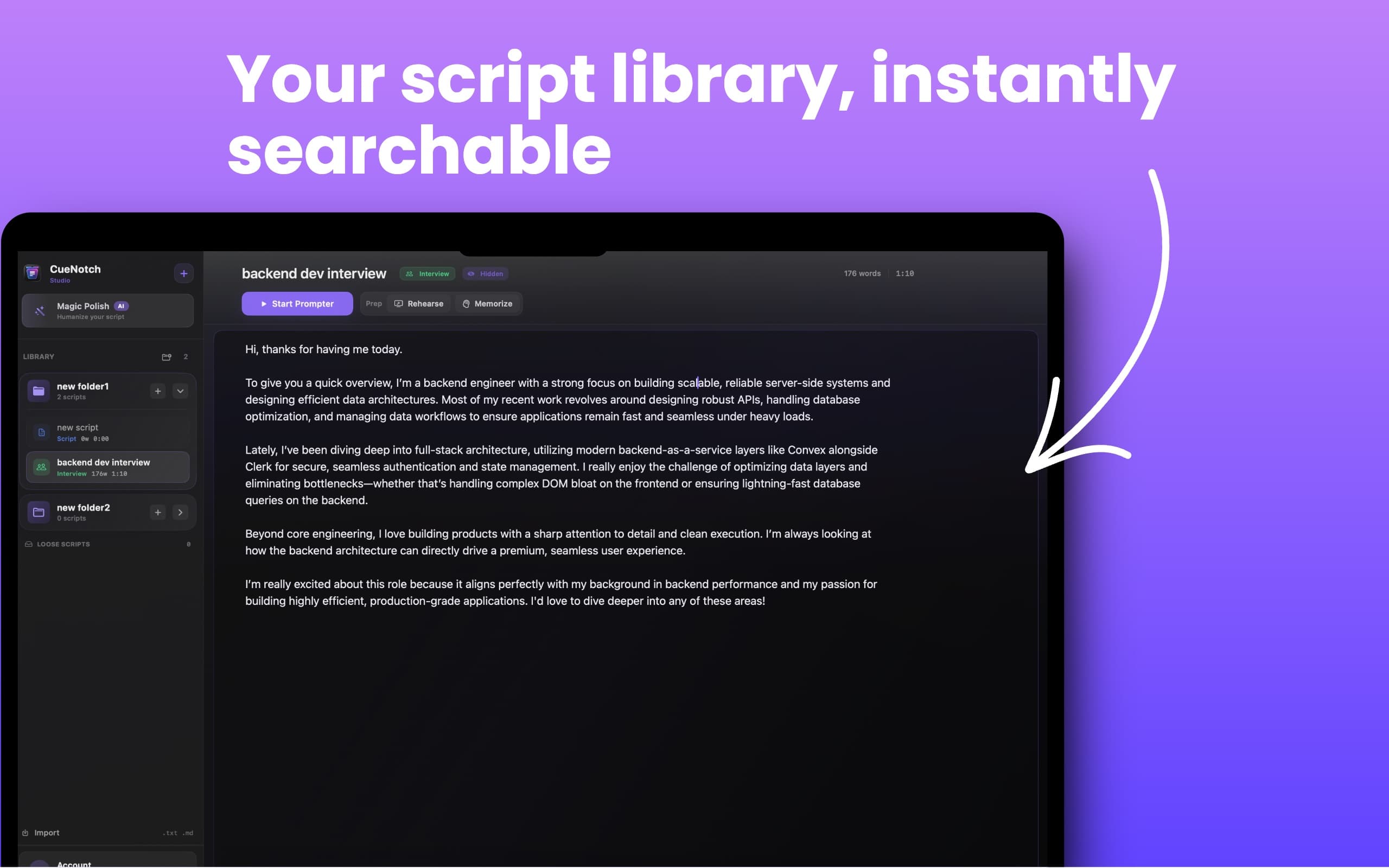 CueNotch script library with searchable folders and a built-in Mac teleprompter editor