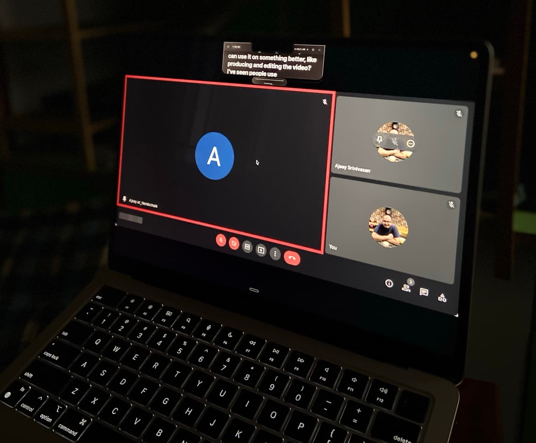 CueNotch script near the MacBook camera during a video call while screen sharing stays clean