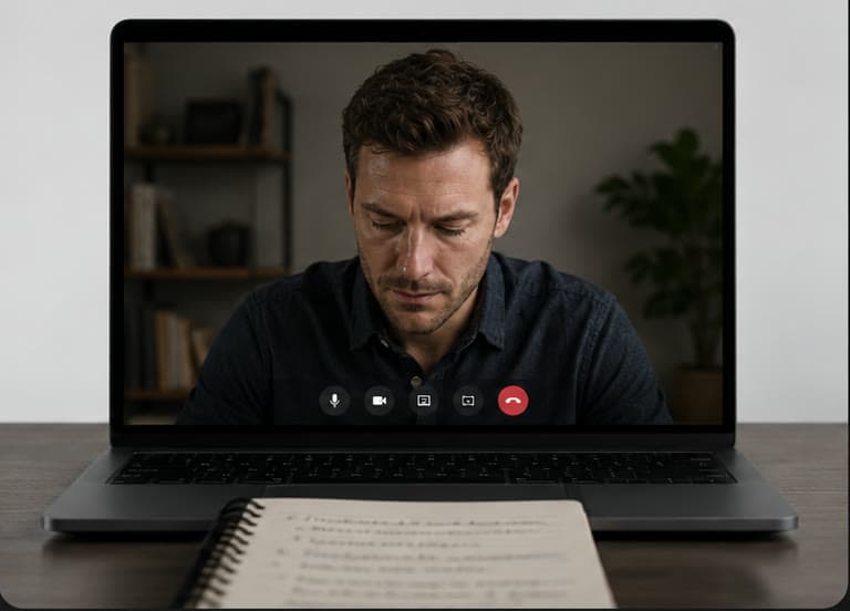 A video call with notes on the desk, the speaker looking down and away from the lens