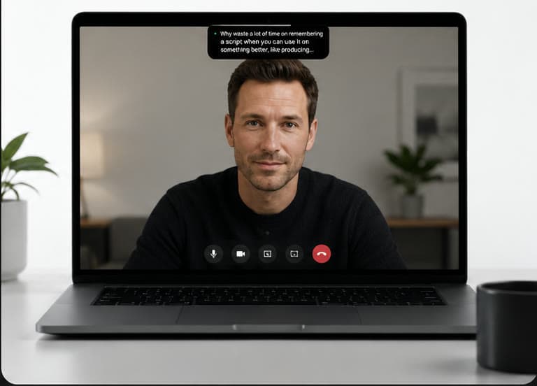The same call with the script running in the MacBook notch, the speaker looking straight into the lens