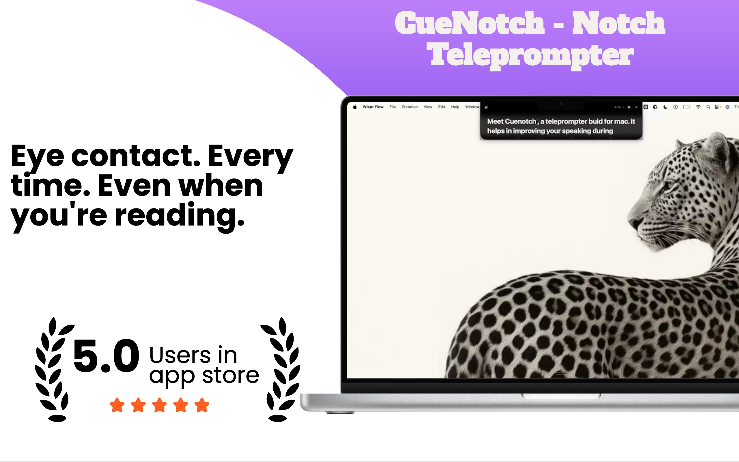 CueNotch notch teleprompter showing script next to the MacBook camera for natural eye contact