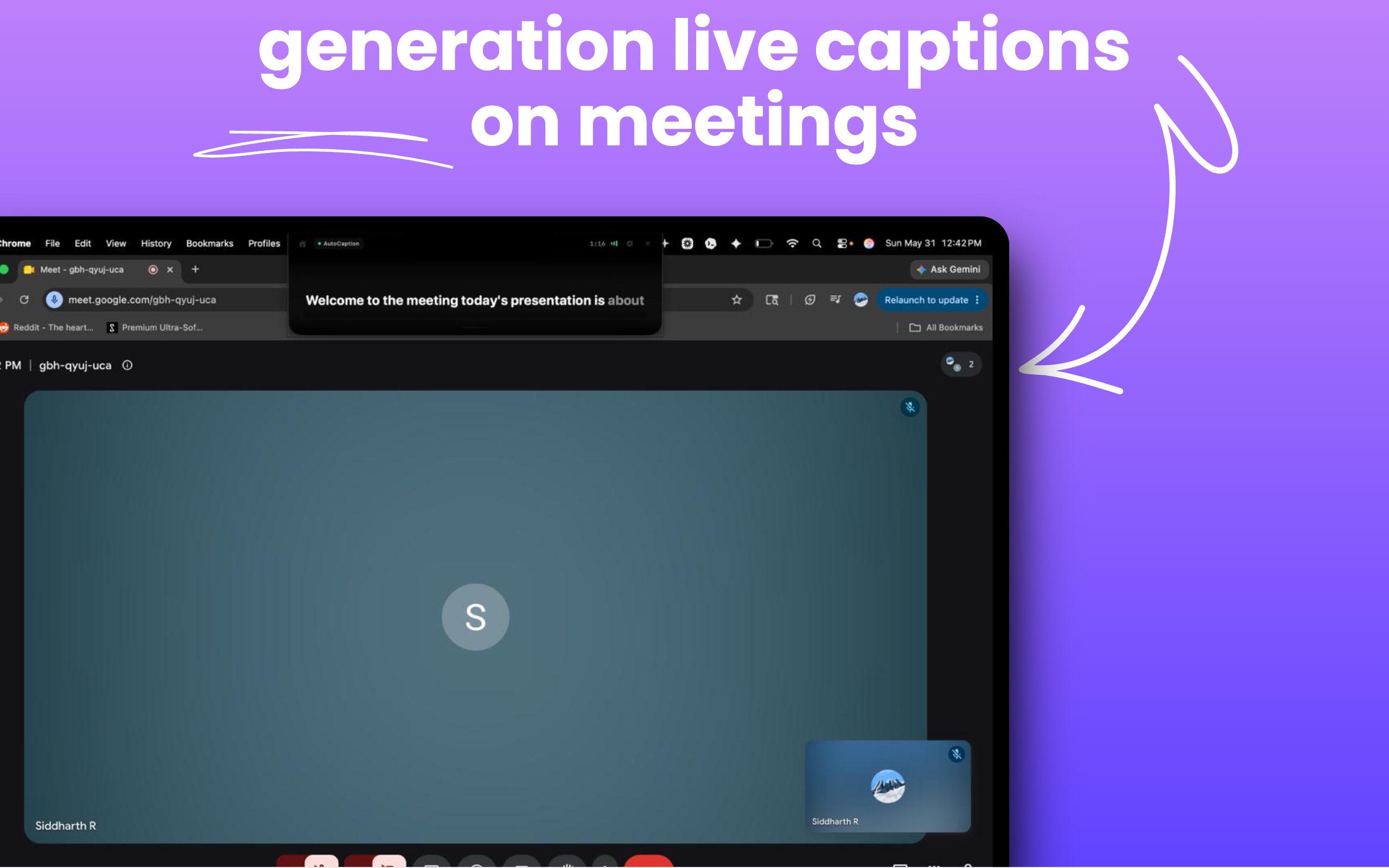 CueNotch AutoCaption generating live captions during a Google Meet meeting on Mac