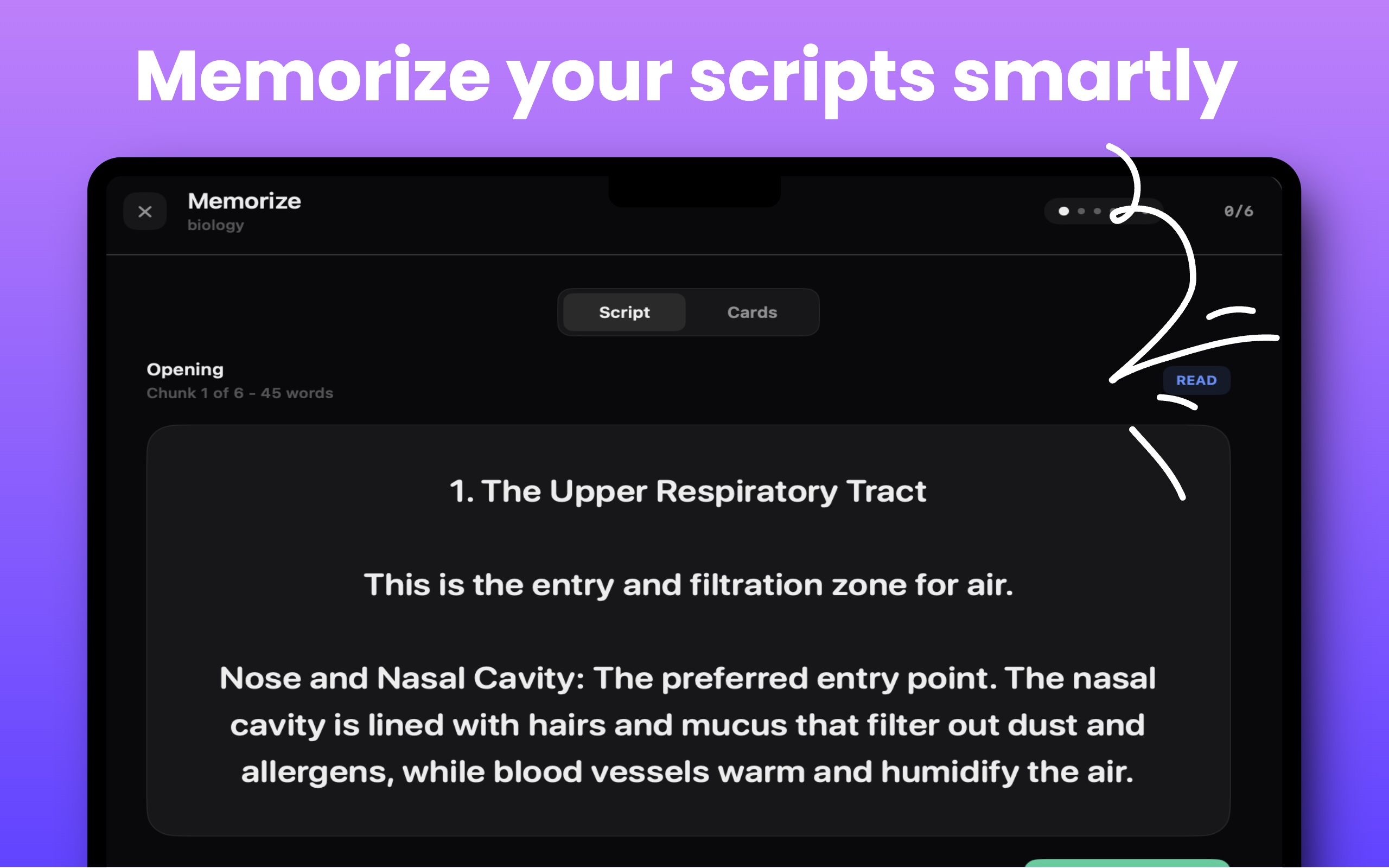 CueNotch Memorize Mode showing chunked script practice and cards for memorizing presentations