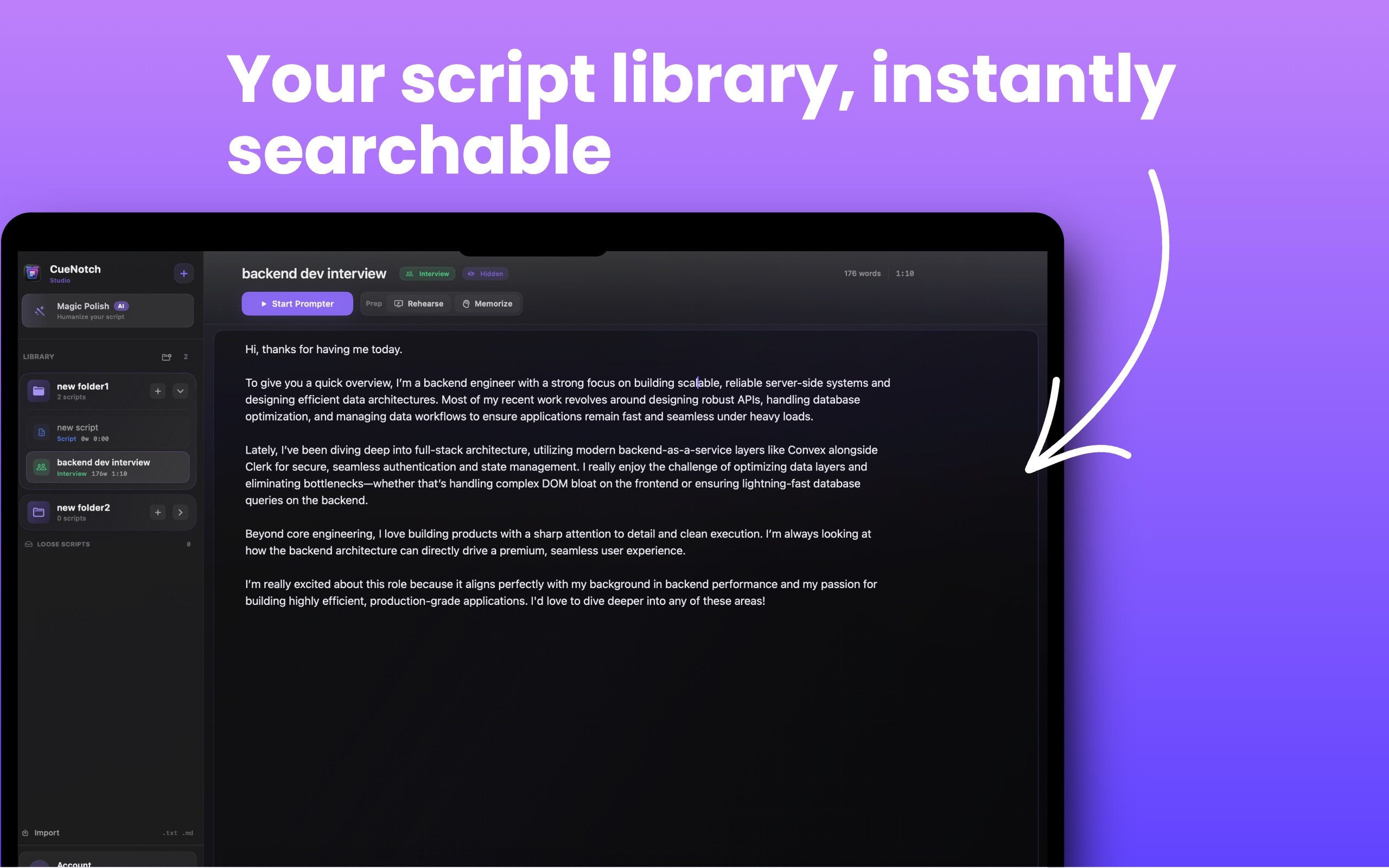 CueNotch script library with searchable folders and a built-in Mac teleprompter editor