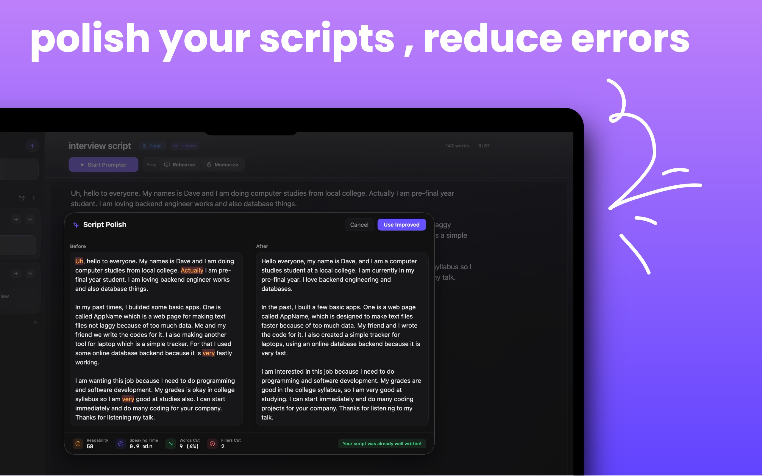 CueNotch Magic Polish improving a script by reducing fillers and rewriting text for natural speech