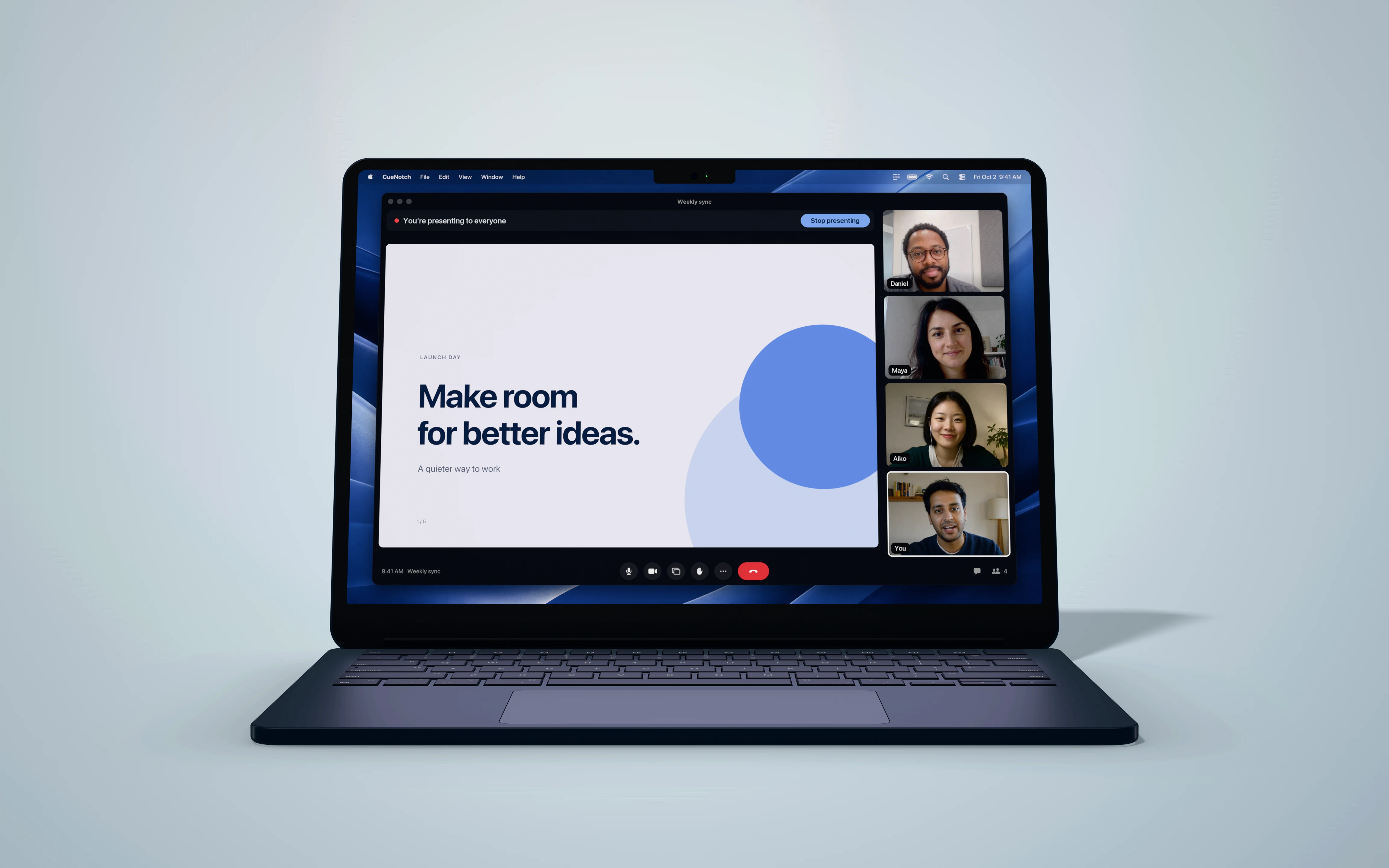 A MacBook presenting a slide titled Make room for better ideas on a video call, as the audience sees it, with no prompter