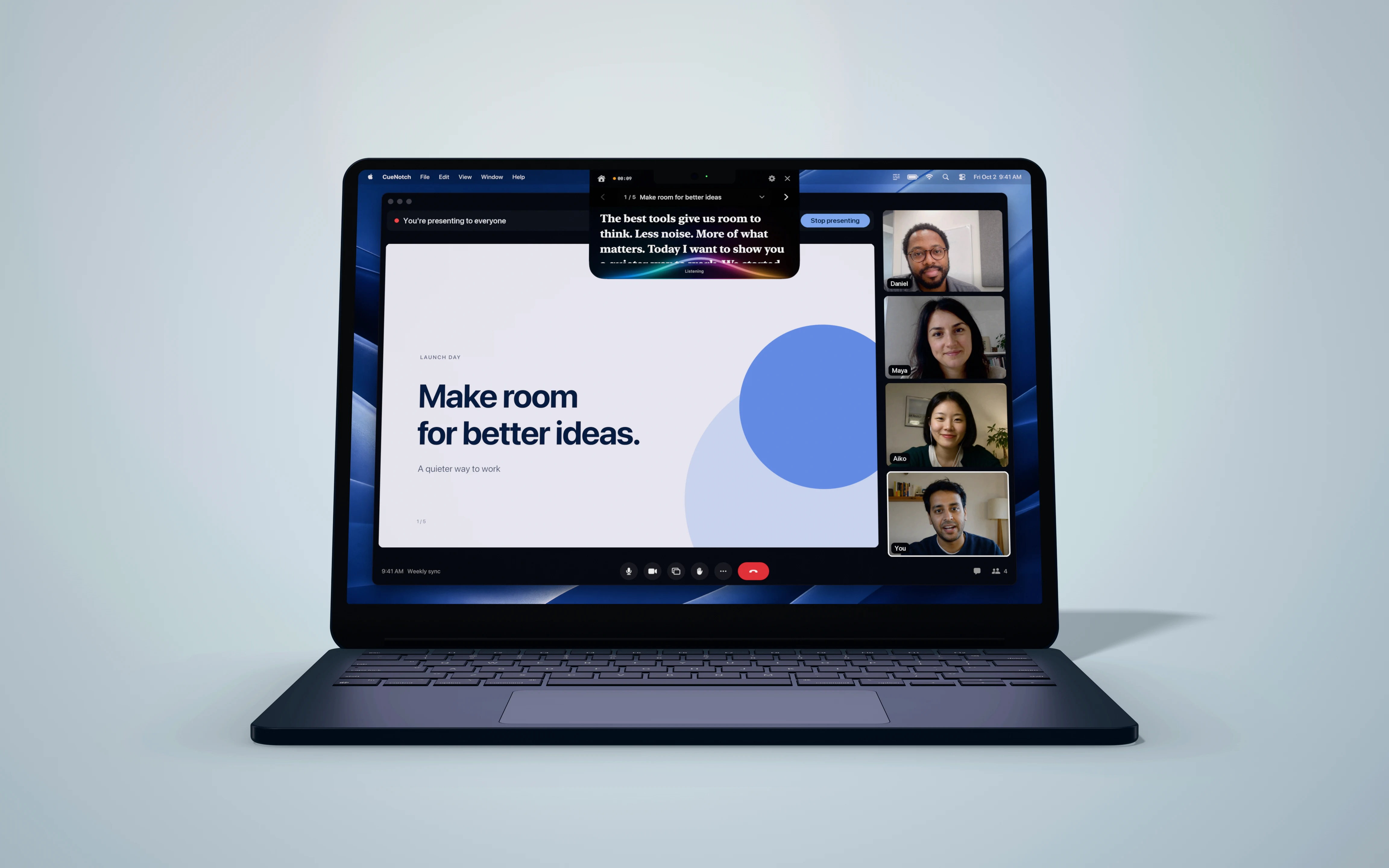 The same video call as the presenter sees it, with the CueNotch prompter under the camera